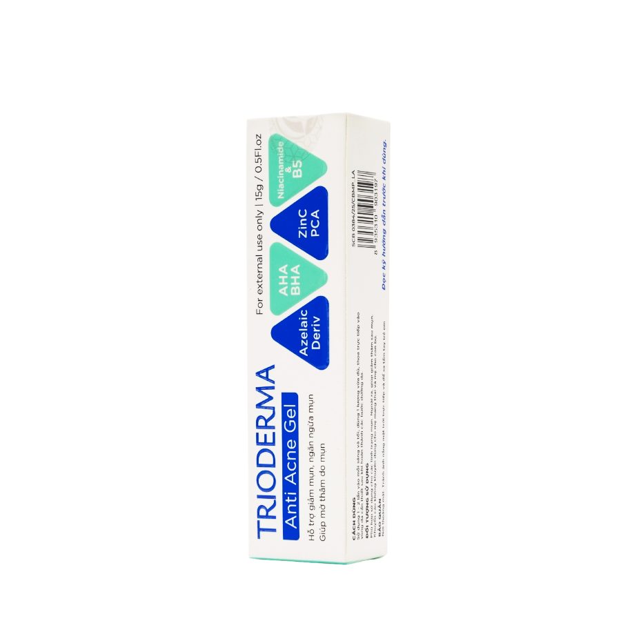 Trioderma Anti Acne Gel 15g combines AHA, BHA, PAD, and Zinc PCA to treat acne, reduce inflammation